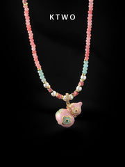 Lucky Pink Gourd Necklace – Oriental Gradient Beads with Four - Leaf Design, Sweet Pearl Choker for Women - Inkduo