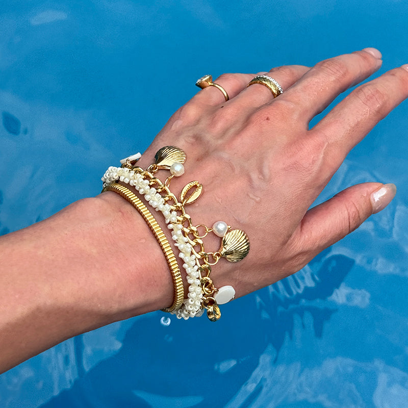 Boho Beach Shell & Pearl Charm Bracelet – Summer Vacation Wheat Beaded Jewelry