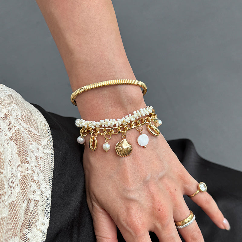 Boho Beach Shell & Pearl Charm Bracelet – Summer Vacation Wheat Beaded Jewelry