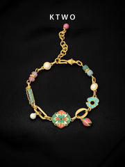 Colorful Enamel Flower Bracelet – Handmade Artistic Gold Chain Jewelry - Inkduo