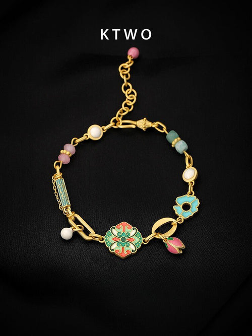 Colorful Enamel Flower Bracelet – Handmade Artistic Gold Chain Jewelry - Inkduo