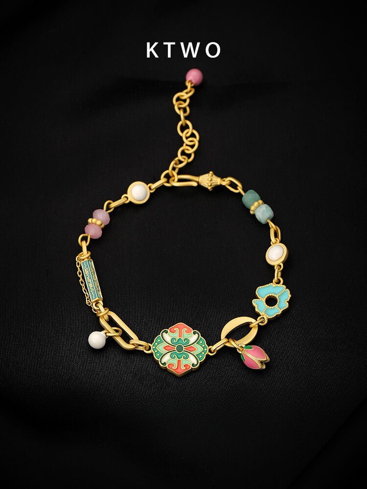 Colorful Enamel Flower Bracelet – Handmade Artistic Gold Chain Jewelry - Inkduo