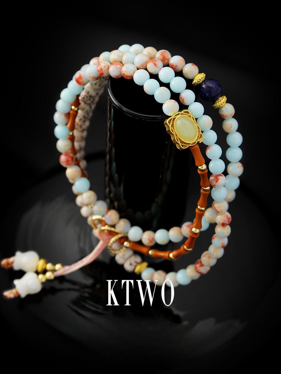 Lapis Lazuli & Shell Tulip Triple - Layer Beaded Bracelet – Elegant Luxury Stacking Jewelry - Inkduo