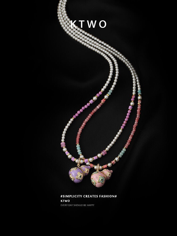 Lucky Pink Gourd Necklace – Oriental Gradient Beads with Four - Leaf Design, Sweet Pearl Choker for Women - Inkduo