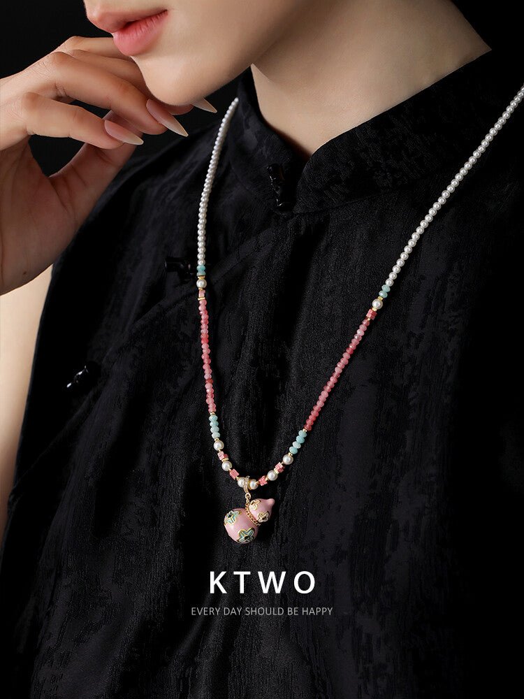 Lucky Pink Gourd Necklace – Oriental Gradient Beads with Four - Leaf Design, Sweet Pearl Choker for Women - Inkduo