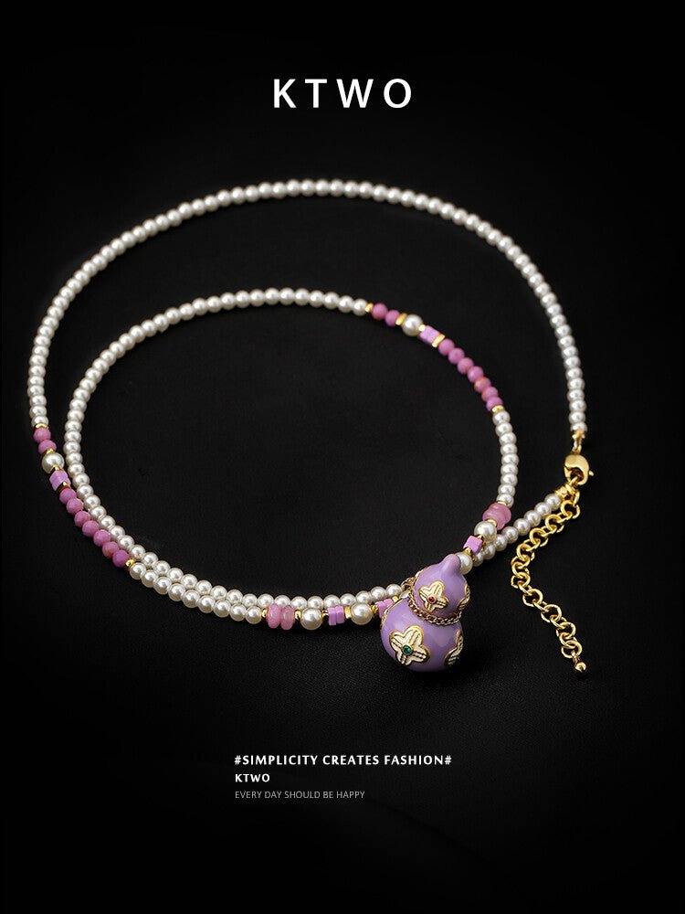 Lucky Pink Gourd Necklace – Oriental Gradient Beads with Four - Leaf Design, Sweet Pearl Choker for Women - Inkduo