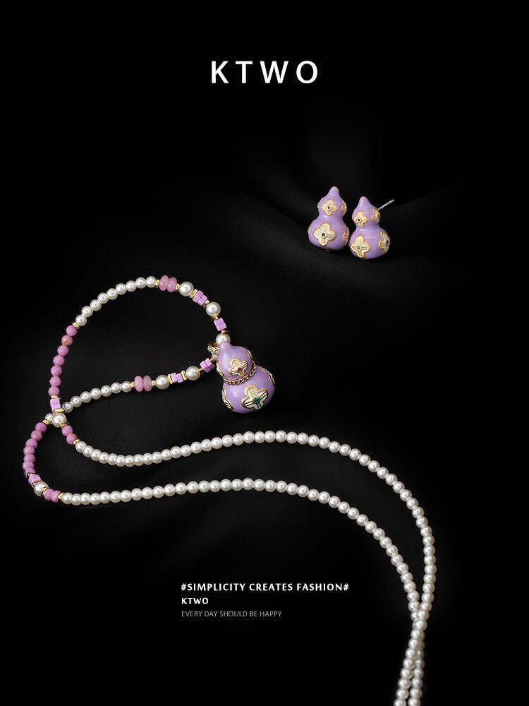 Lucky Pink Gourd Necklace – Oriental Gradient Beads with Four - Leaf Design, Sweet Pearl Choker for Women - Inkduo