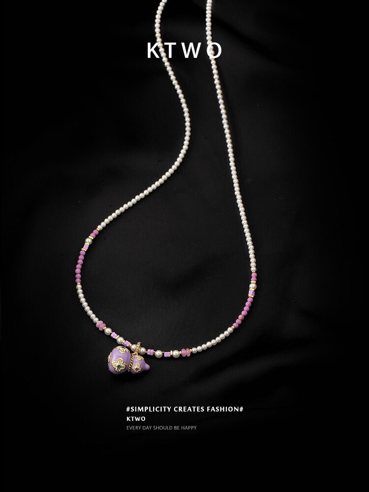 Lucky Pink Gourd Necklace – Oriental Gradient Beads with Four - Leaf Design, Sweet Pearl Choker for Women - Inkduo