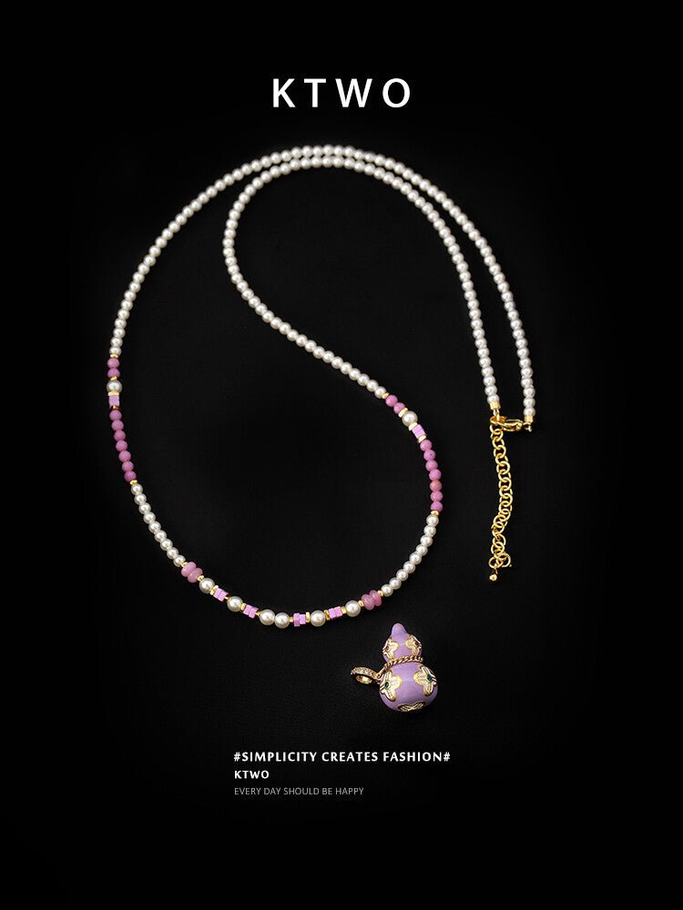 Lucky Pink Gourd Necklace – Oriental Gradient Beads with Four - Leaf Design, Sweet Pearl Choker for Women - Inkduo