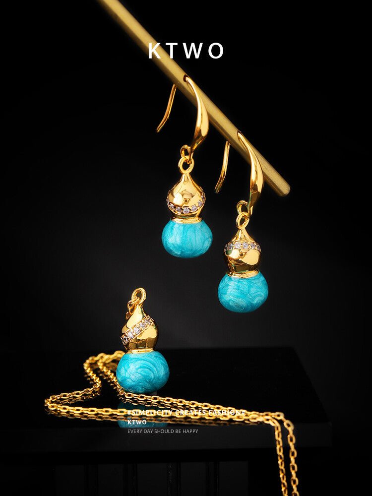 Gold & Blue Enamel Gourd Necklace – Oriental Lucky Pendant Pearl Choker for Women - Inkduo