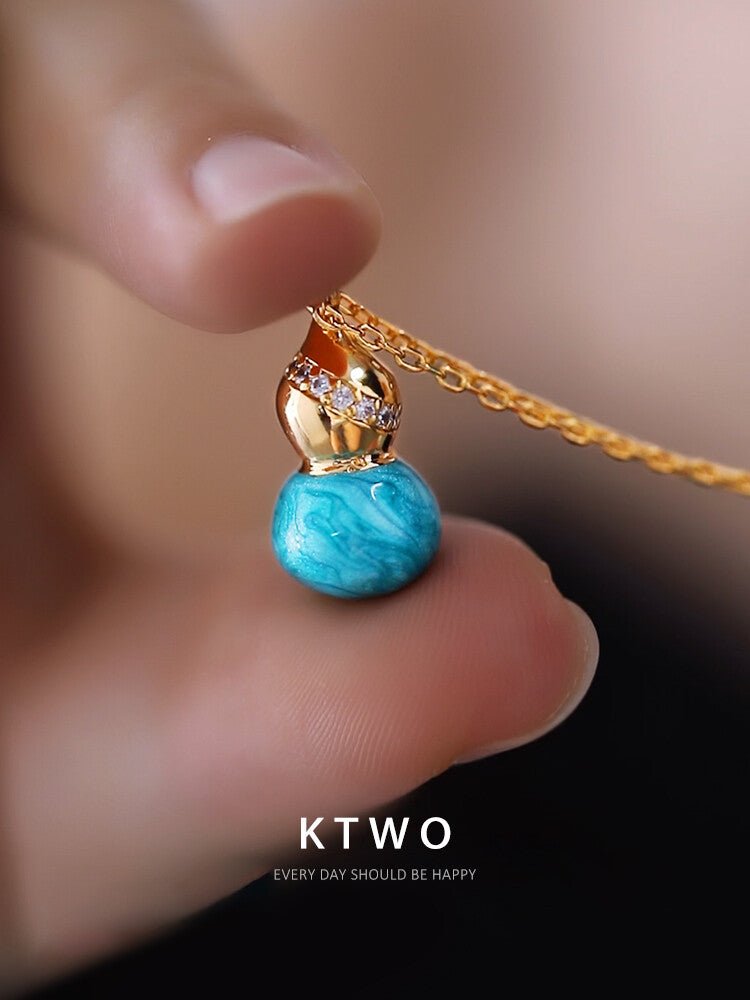 Gold & Blue Enamel Gourd Necklace – Oriental Lucky Pendant Pearl Choker for Women - Inkduo
