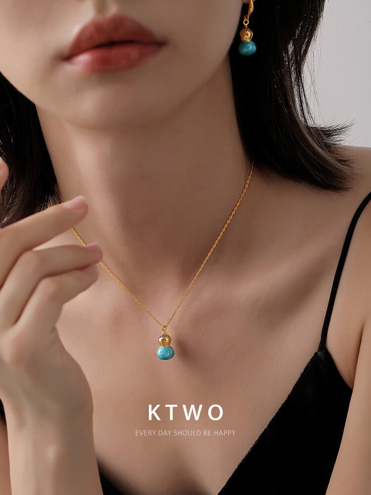 Gold & Blue Enamel Gourd Necklace – Oriental Lucky Pendant Pearl Choker for Women - Inkduo