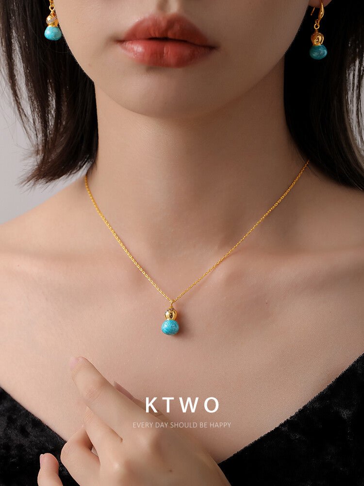 Gold & Blue Enamel Gourd Necklace – Oriental Lucky Pendant Pearl Choker for Women - Inkduo