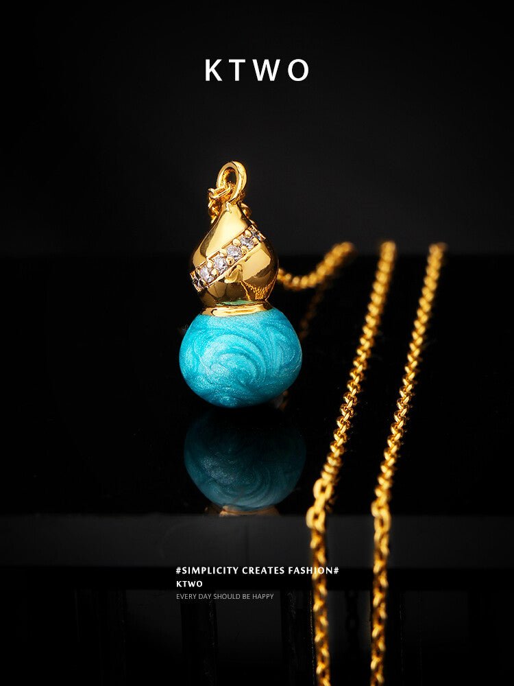Gold & Blue Enamel Gourd Necklace – Oriental Lucky Pendant Pearl Choker for Women - Inkduo