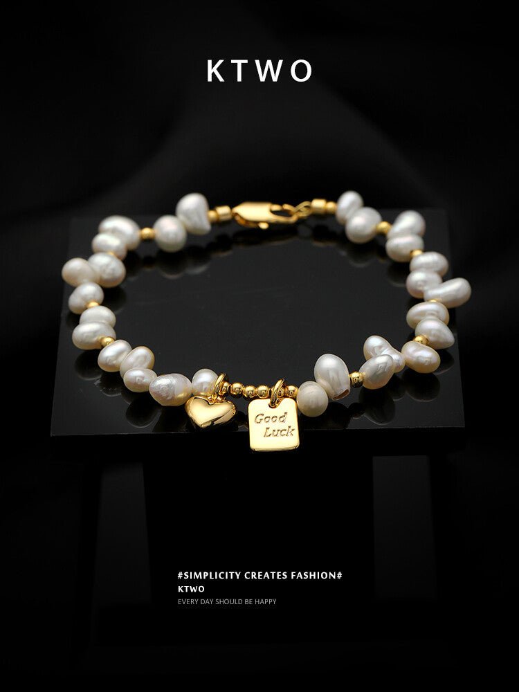 Natural Freshwater Pearl Bracelet – Gold Heart Pendant, Elegant Minimalist Chain for Women - Inkduo