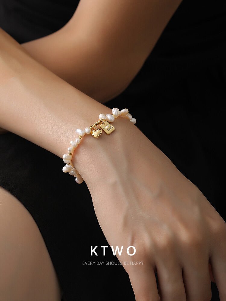 Natural Freshwater Pearl Bracelet – Gold Heart Pendant, Elegant Minimalist Chain for Women - Inkduo
