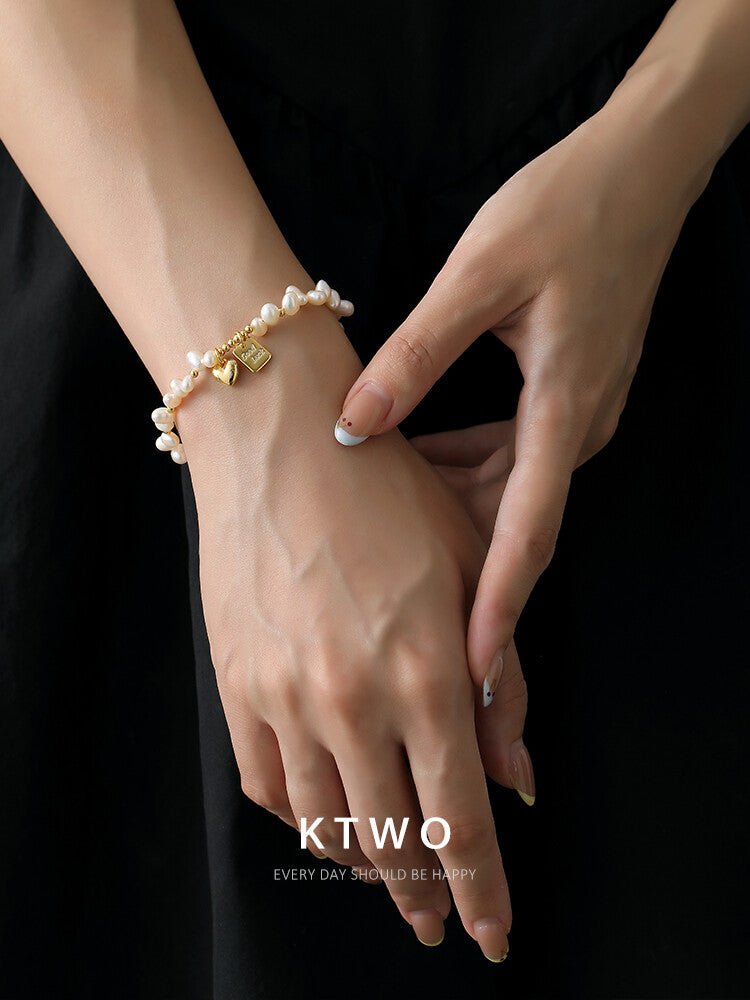Natural Freshwater Pearl Bracelet – Gold Heart Pendant, Elegant Minimalist Chain for Women - Inkduo