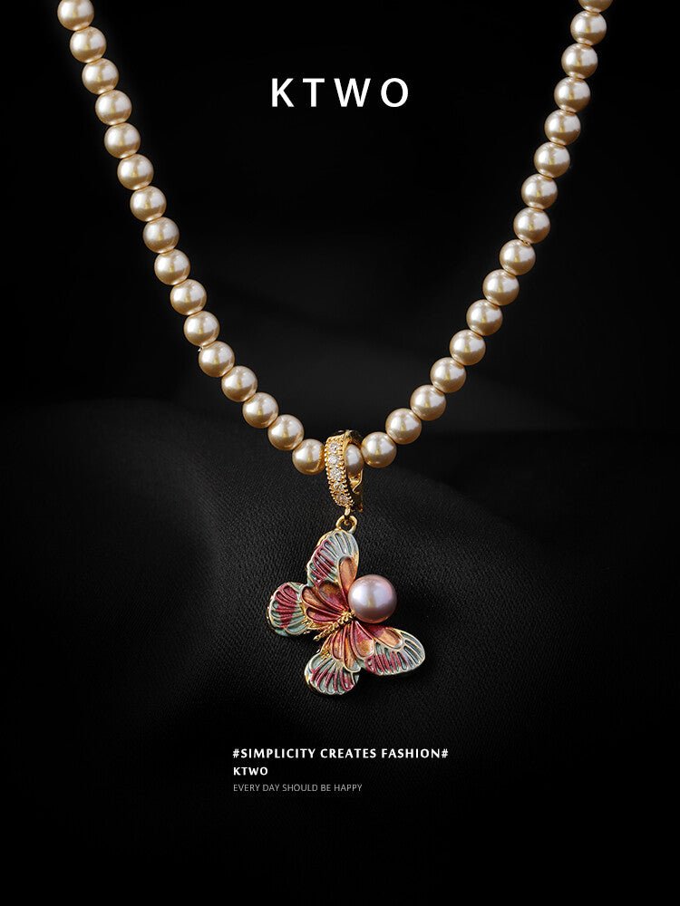 High - Luster Round Pearl Necklace – Elegant Butterfly Pendant with Enamel Detailing, Luxury Choker for Women - Inkduo