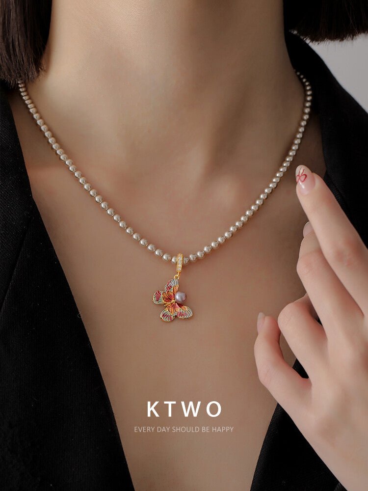 High - Luster Round Pearl Necklace – Elegant Butterfly Pendant with Enamel Detailing, Luxury Choker for Women - Inkduo