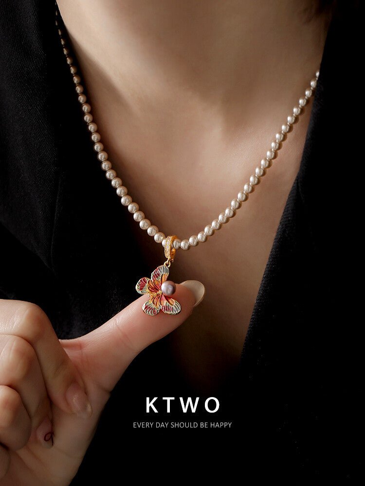 High - Luster Round Pearl Necklace – Elegant Butterfly Pendant with Enamel Detailing, Luxury Choker for Women - Inkduo