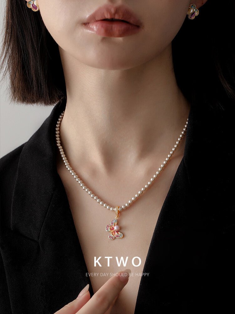 High - Luster Round Pearl Necklace – Elegant Butterfly Pendant with Enamel Detailing, Luxury Choker for Women - Inkduo