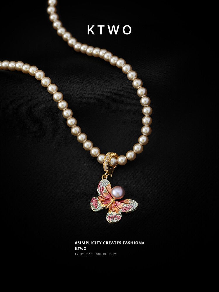 High - Luster Round Pearl Necklace – Elegant Butterfly Pendant with Enamel Detailing, Luxury Choker for Women - Inkduo