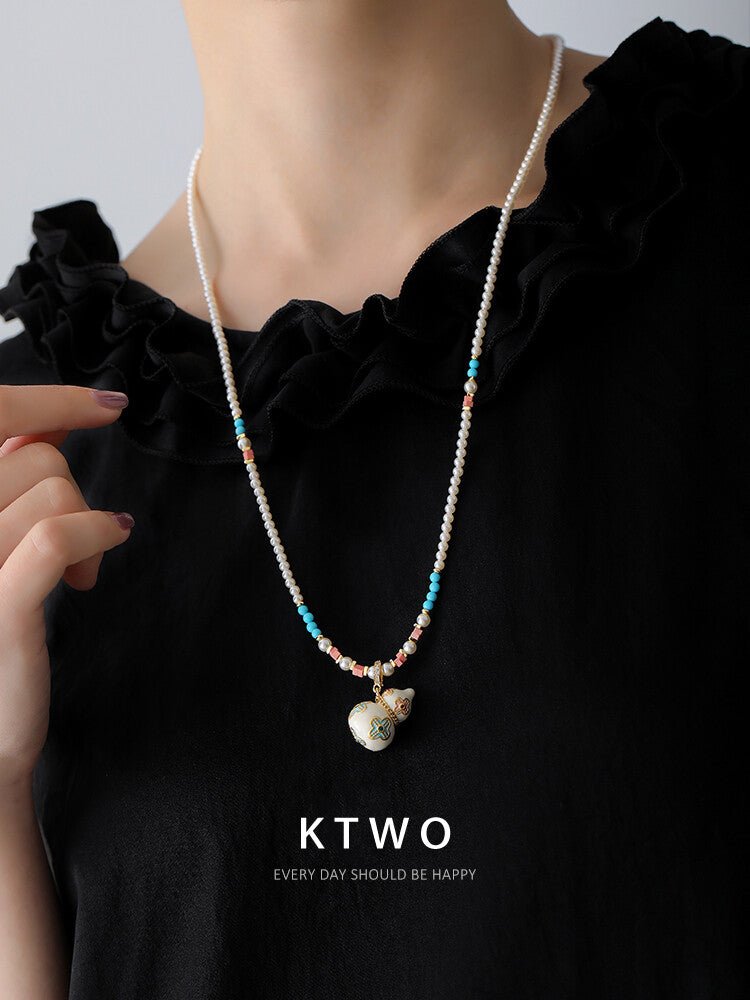 legant Chinese Style Pearl & Blue Beaded Necklace with Four - Leaf Clover Gourd Pendant - Inkduo