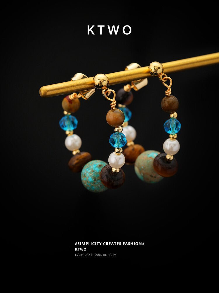 Vintage Tiger Eye & Turquoise Earrings with Glass Beads and Pearls – Summer Boho Chic - Inkduo
