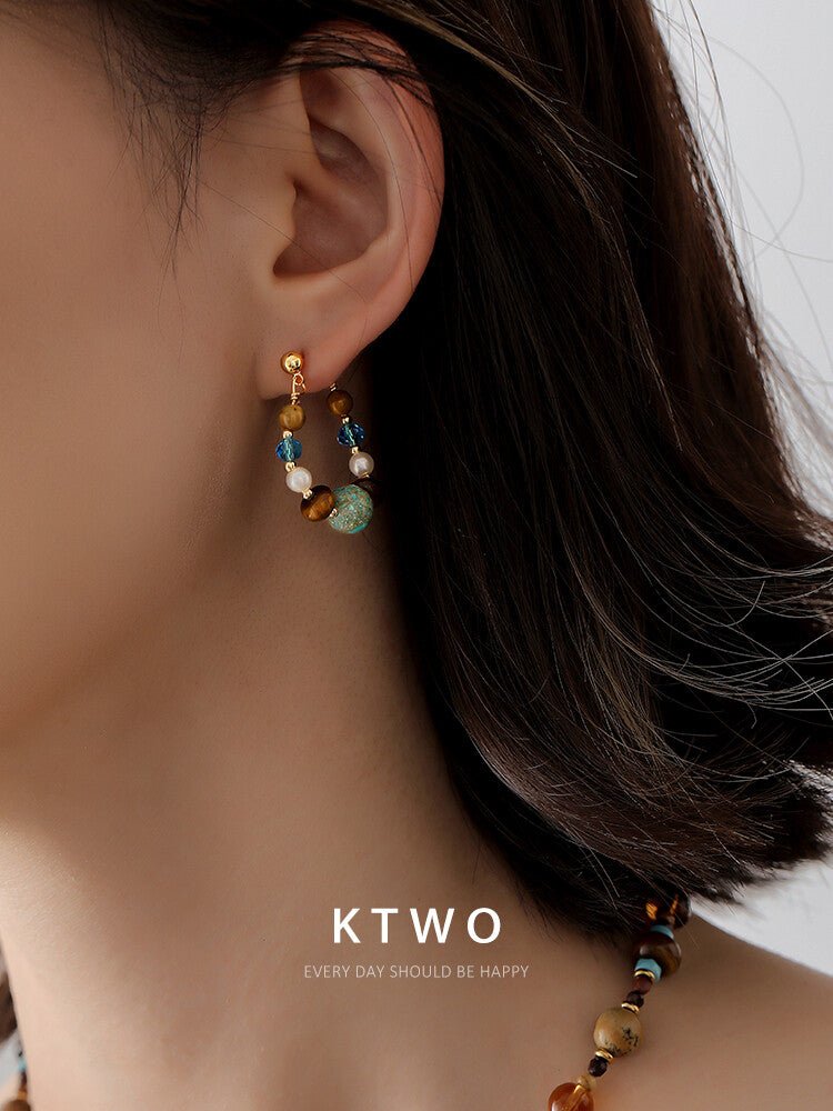 Vintage Tiger Eye & Turquoise Earrings with Glass Beads and Pearls – Summer Boho Chic - Inkduo