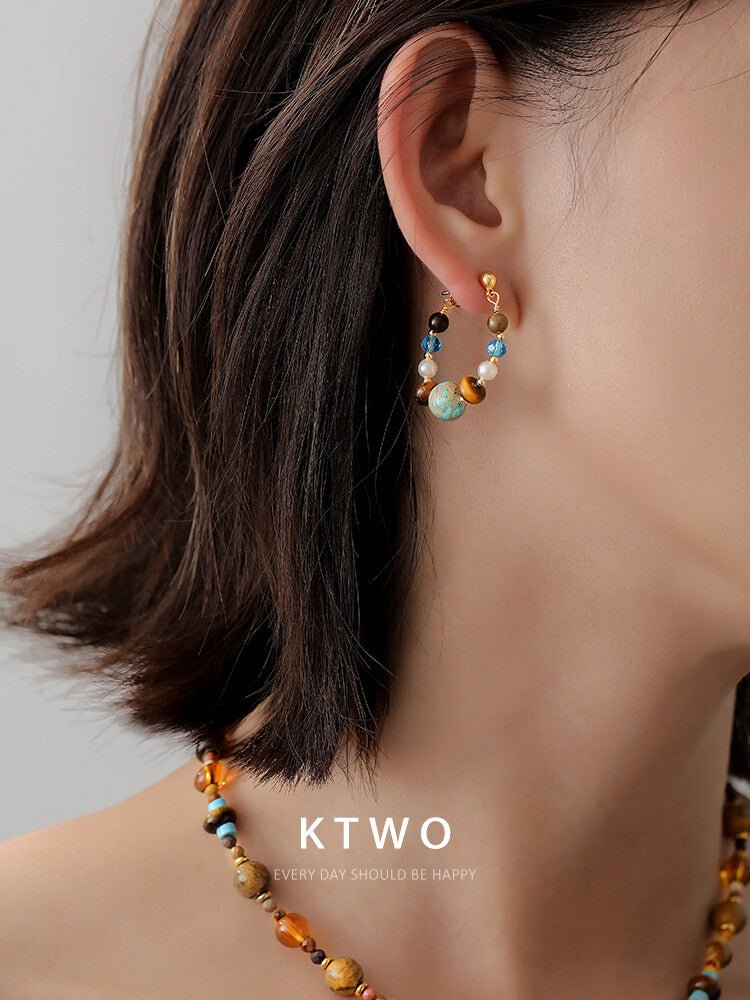 Vintage Tiger Eye & Turquoise Earrings with Glass Beads and Pearls – Summer Boho Chic - Inkduo