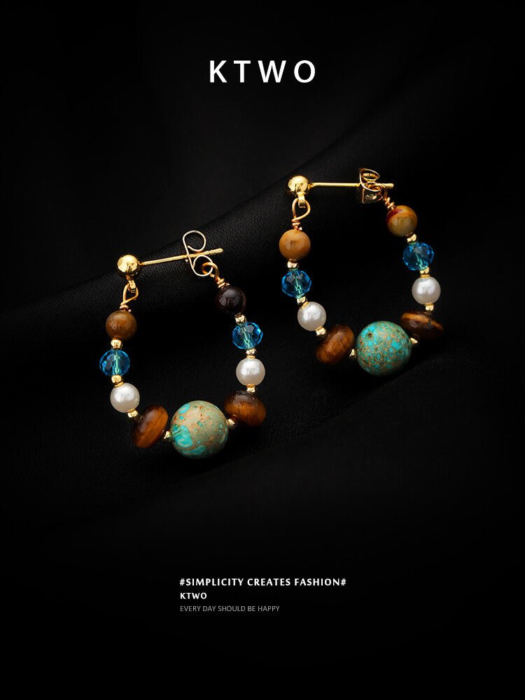 Vintage Tiger Eye & Turquoise Earrings with Glass Beads and Pearls – Summer Boho Chic - Inkduo