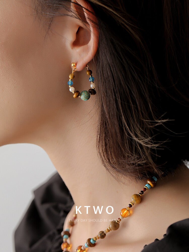 Vintage Tiger Eye & Turquoise Earrings with Glass Beads and Pearls – Summer Boho Chic - Inkduo