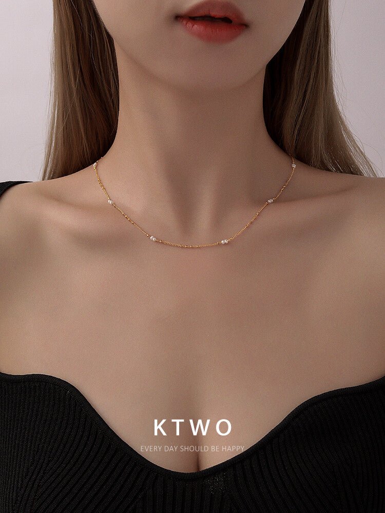 Freshwater Rice Pearl Necklace – 18K Gold Plated Minimalist Choker for Layering - Inkduo