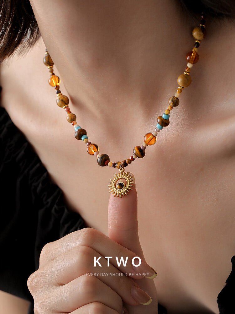Vintage Colorful Beaded Crystal & Tiger Eye Necklace with Sunflower Pendant - Inkduo