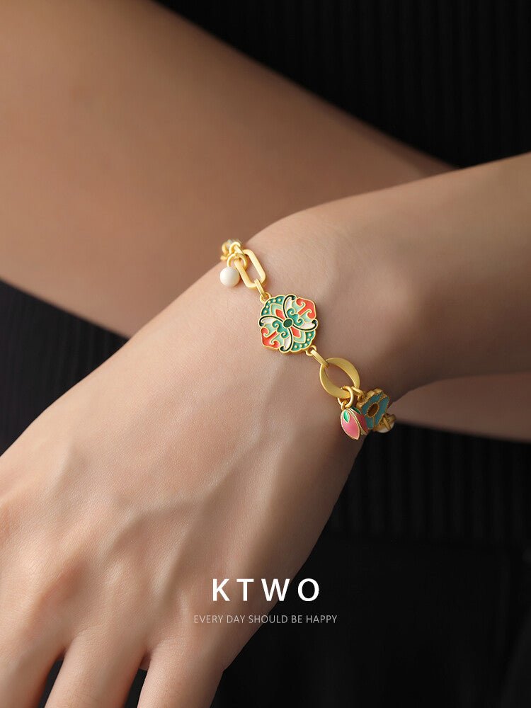 Colorful Enamel Flower Bracelet – Handmade Artistic Gold Chain Jewelry - Inkduo