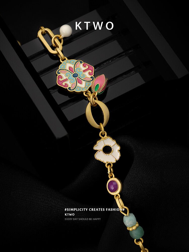 Colorful Enamel Flower Bracelet – Handmade Artistic Gold Chain Jewelry - Inkduo