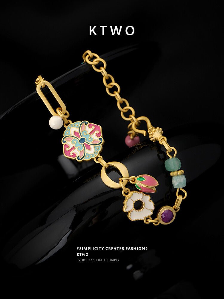 Colorful Enamel Flower Bracelet – Handmade Artistic Gold Chain Jewelry - Inkduo