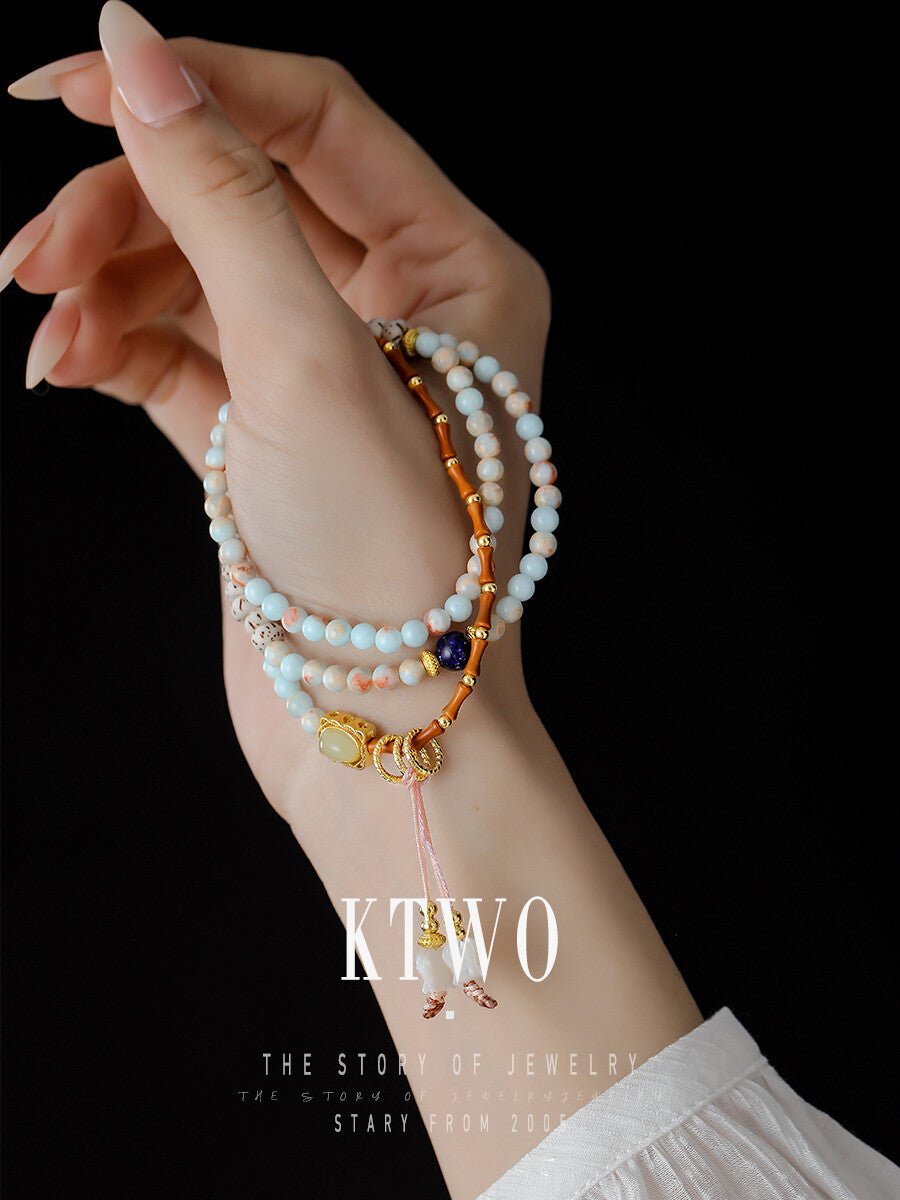 Lapis Lazuli & Shell Tulip Triple - Layer Beaded Bracelet – Elegant Luxury Stacking Jewelry - Inkduo