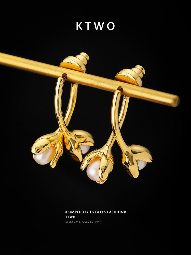 Golden Freshwater Pearl Stud Earrings – 925 Silver Pin, Elegant Luxury Design - Inkduo