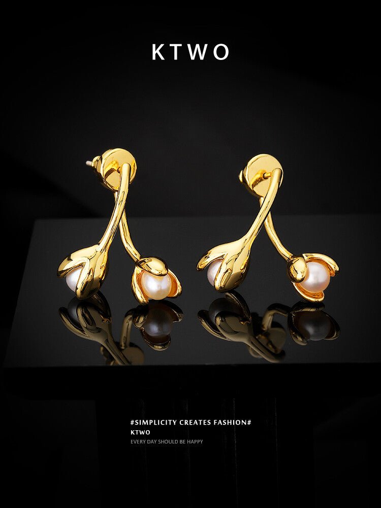 Golden Freshwater Pearl Stud Earrings – 925 Silver Pin, Elegant Luxury Design - Inkduo