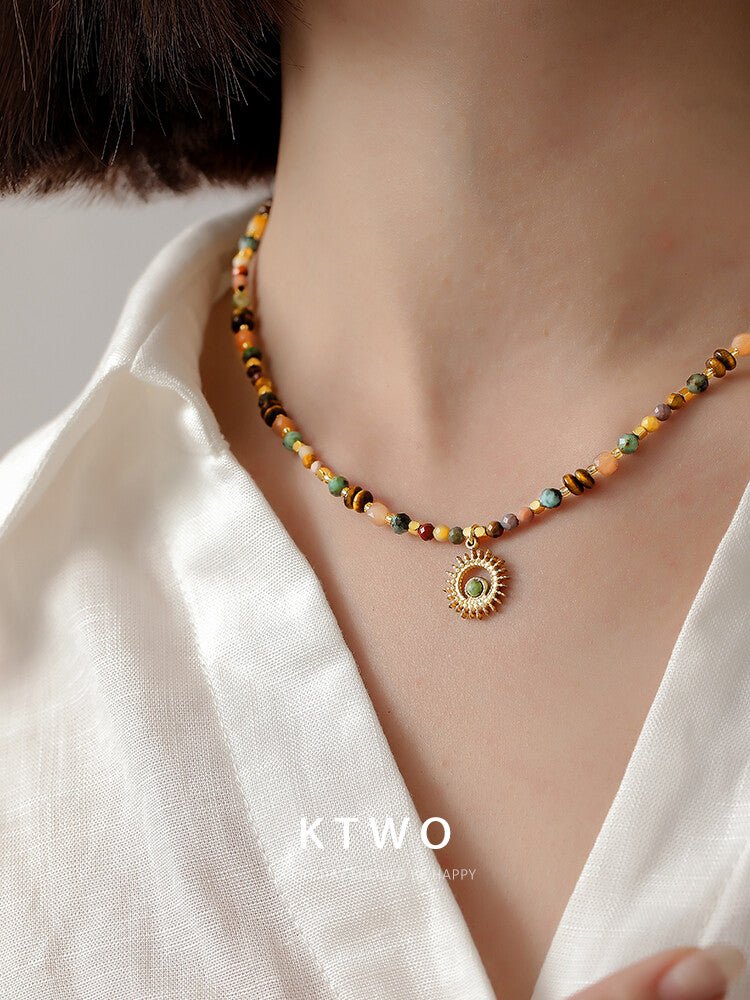Dopamine Colorful Gemstone Sunflower Pendant Necklace – Vintage Chic Collarbone Chain - Inkduo