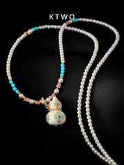 legant Chinese Style Pearl & Blue Beaded Necklace with Four - Leaf Clover Gourd Pendant - Inkduo