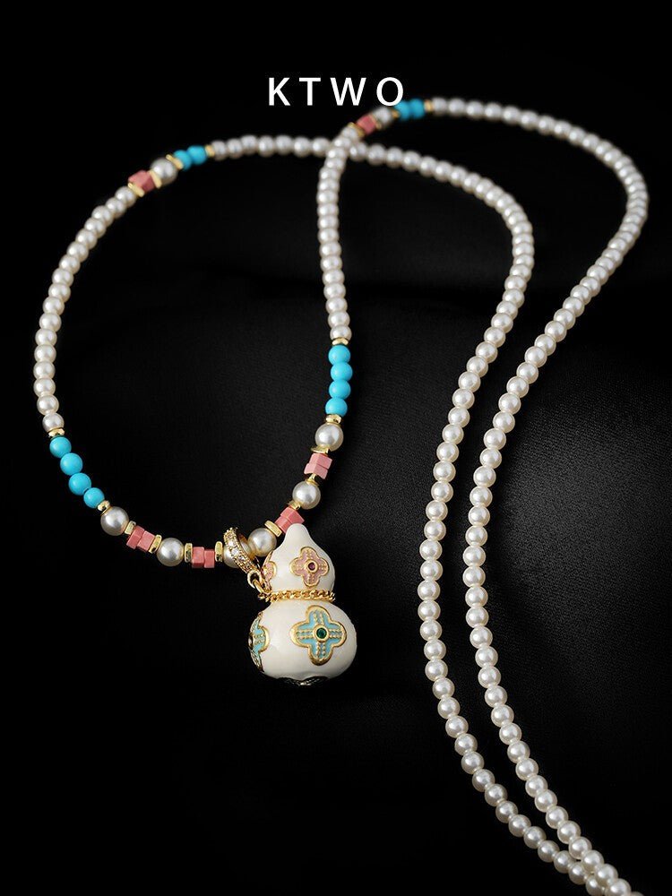 legant Chinese Style Pearl & Blue Beaded Necklace with Four - Leaf Clover Gourd Pendant - Inkduo