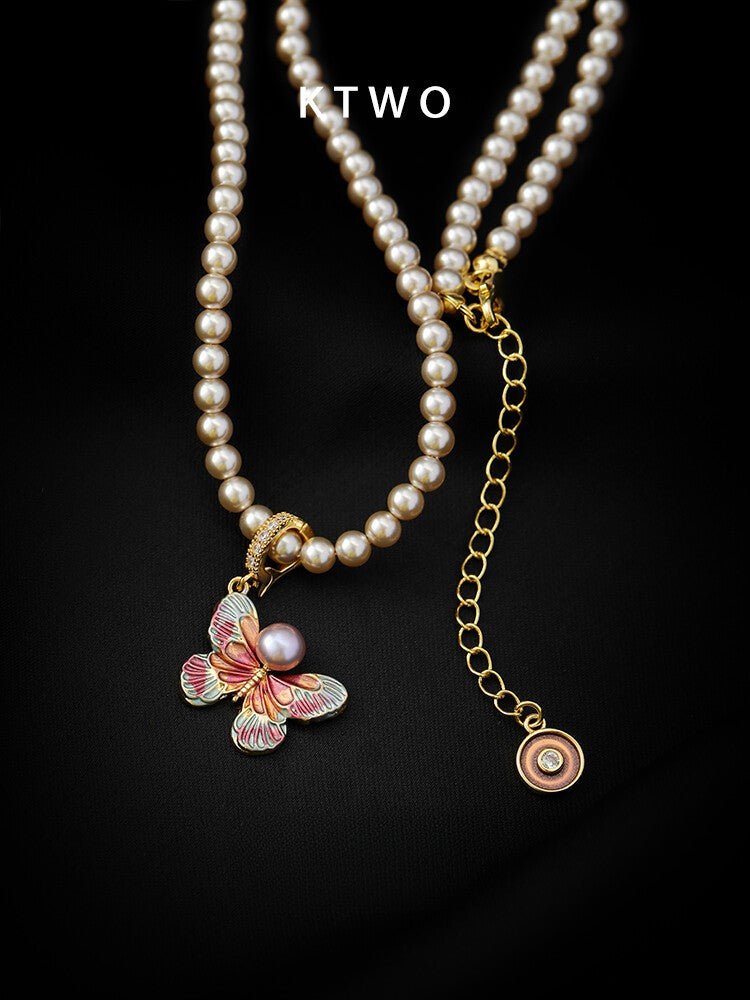 High - Luster Round Pearl Necklace – Elegant Butterfly Pendant with Enamel Detailing, Luxury Choker for Women - Inkduo
