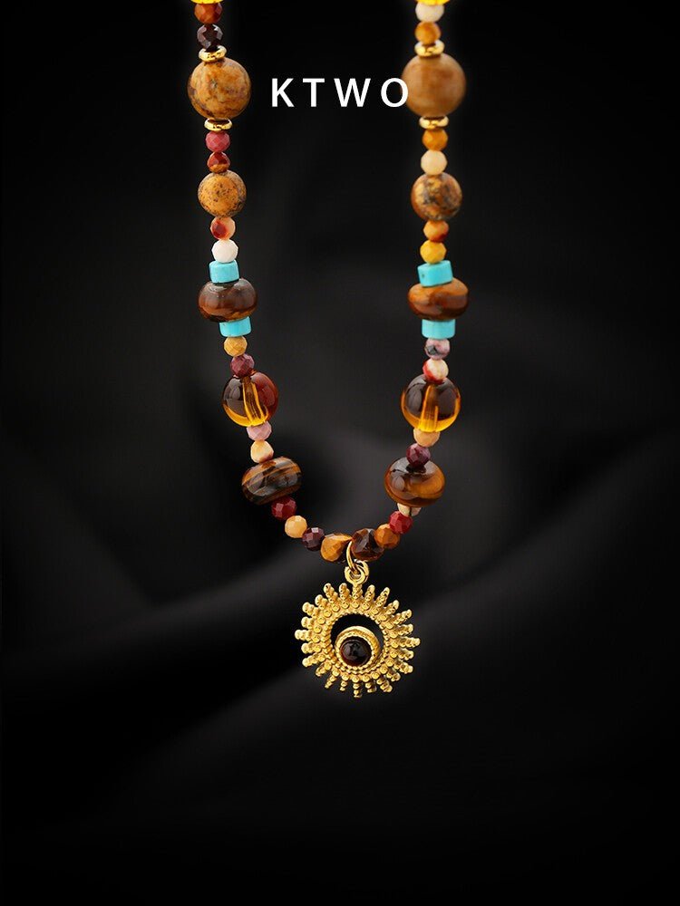 Vintage Colorful Beaded Crystal & Tiger Eye Necklace with Sunflower Pendant - Inkduo