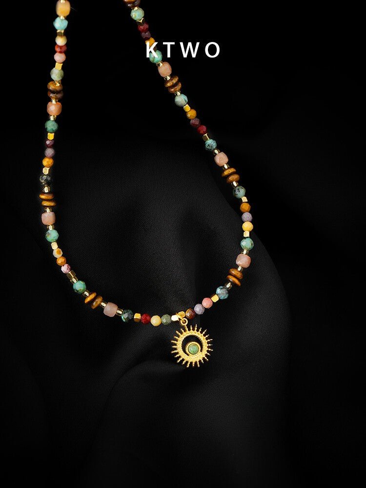 Dopamine Colorful Gemstone Sunflower Pendant Necklace – Vintage Chic Collarbone Chain - Inkduo