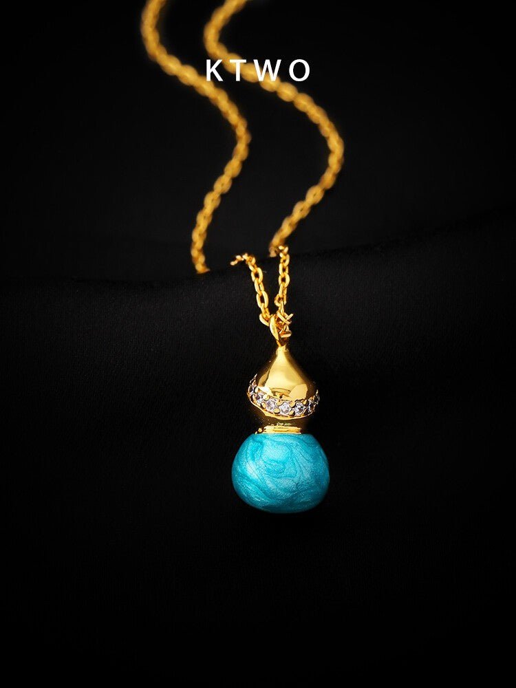 Gold & Blue Enamel Gourd Necklace – Oriental Lucky Pendant Pearl Choker for Women - Inkduo