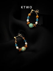 Vintage Tiger Eye & Turquoise Earrings with Glass Beads and Pearls – Summer Boho Chic - Inkduo
