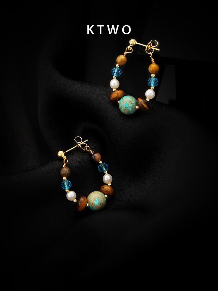 Vintage Tiger Eye & Turquoise Earrings with Glass Beads and Pearls – Summer Boho Chic - Inkduo