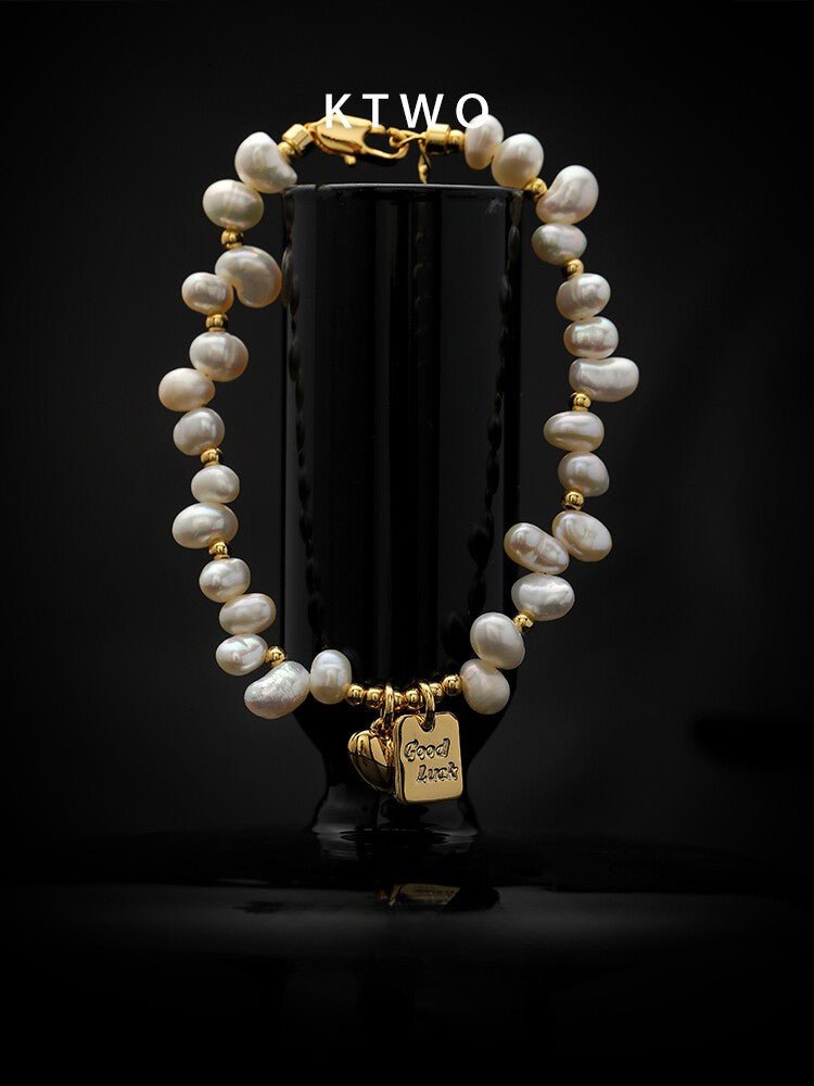 Natural Freshwater Pearl Bracelet – Gold Heart Pendant, Elegant Minimalist Chain for Women - Inkduo